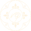 Monograma ornamental de oro pálido con un emblema floral circular e iniciales estilizadas en el centro.