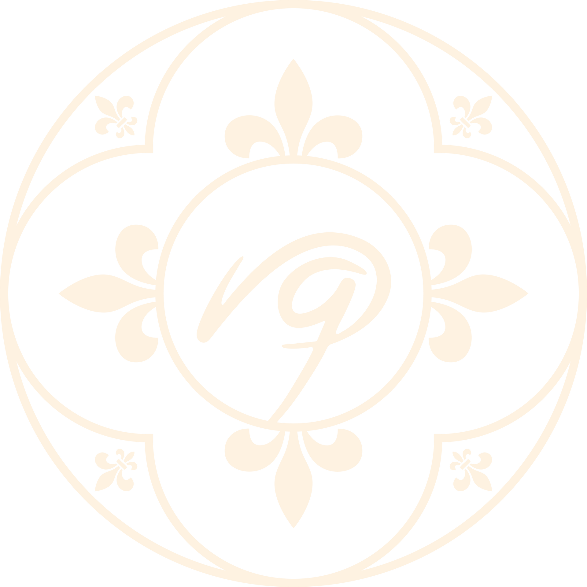 Monograma ornamental de oro pálido con un emblema floral circular e iniciales estilizadas en el centro.
