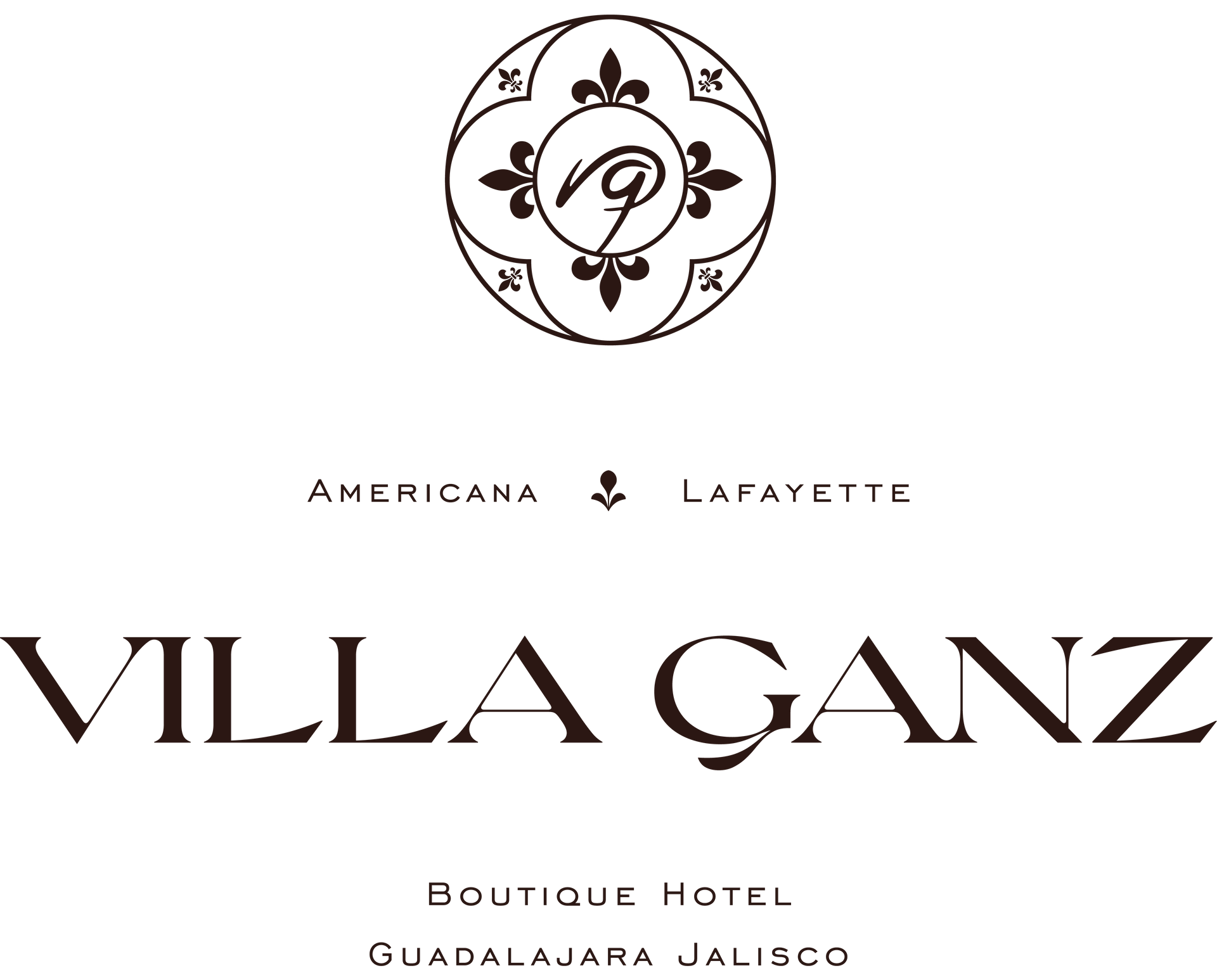 Logotipo del hotel boutique Villa Ganz con emblema floral y texto “Americana Lafayette”, “Guadalajara Jalisco”