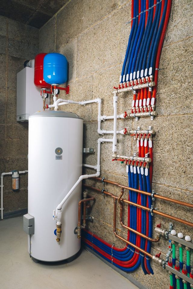 A room with a water heater and pipes on the wall