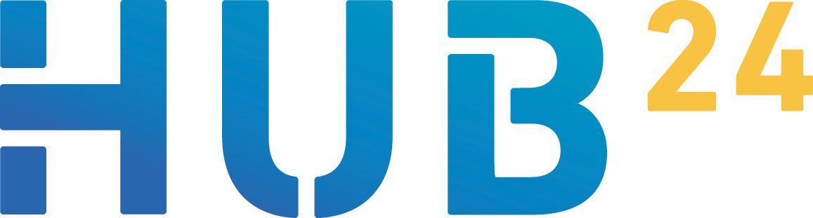 A blue and yellow logo for hub 24 on a white background.
