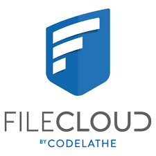 A blue and white logo for filecloud by codelathe.