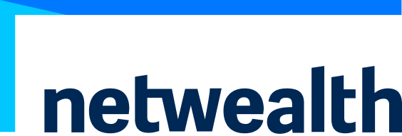 A blue and white logo for netwealth on a white background