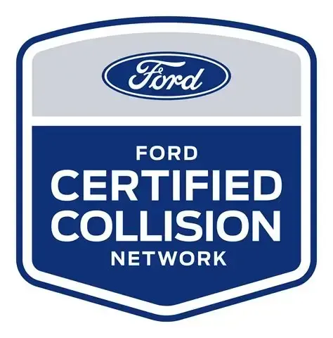 Logo for the Ford Certified Collision Network with white text on a blue, shield-shaped background and a Ford logo at top.