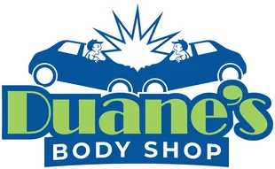 Logo for Duane's Body Shop featuring two blue cars colliding above the company name in green and blue text.