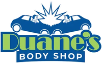 Logo for Duane's Body Shop featuring two blue cars colliding above the company name in green and blue text.