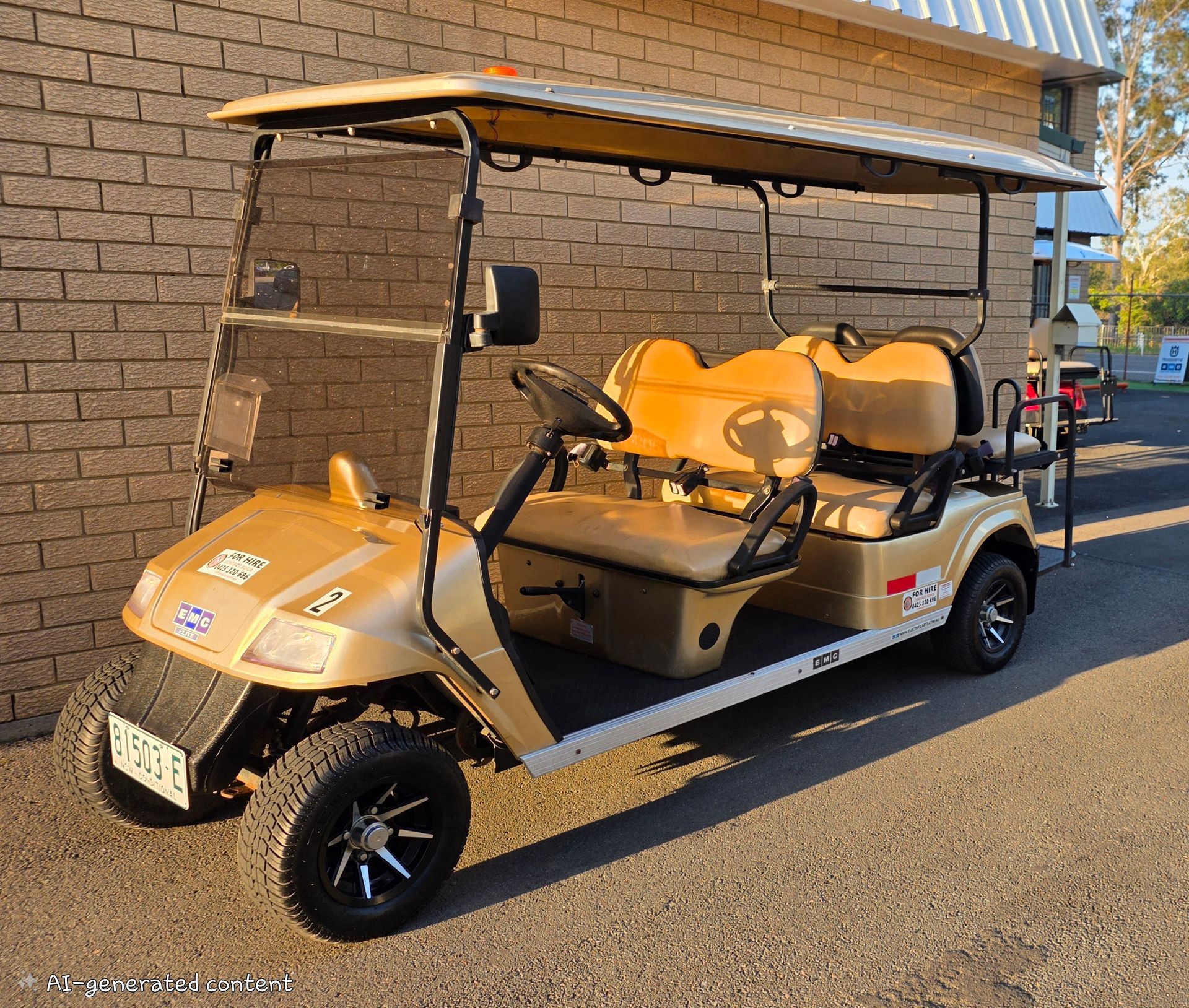 Beige golf cart with canopy parked beside a brick building in sunlight — Lift It Equipment in Central Coast Region, NSW
