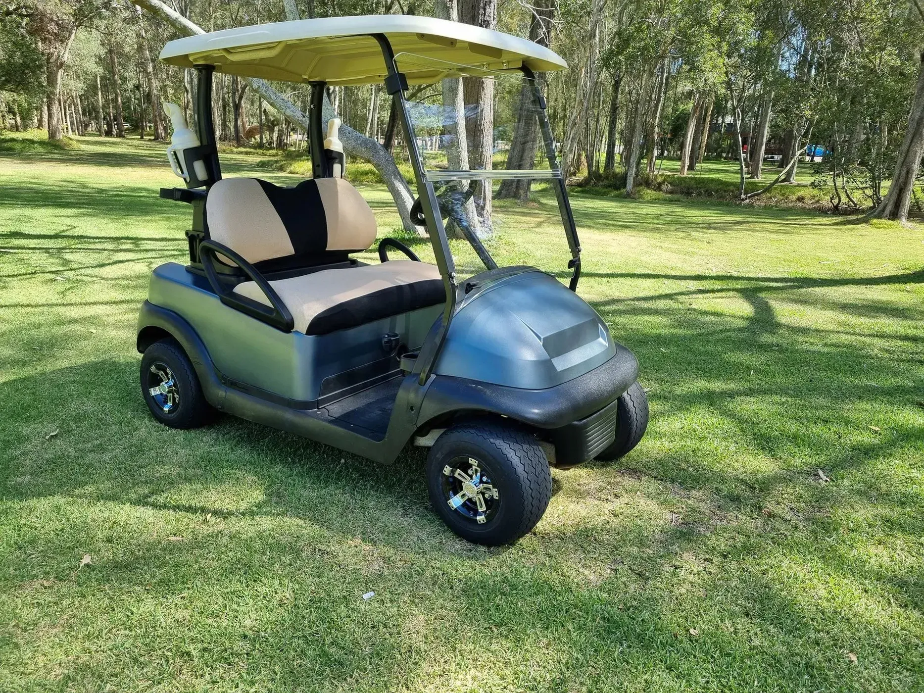 Golf Cart Parked on Grass Under Trees, With Beige Seats — Lift It Equipment in Central Coast Region, NSW