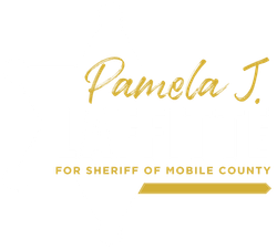Pamela J. in gold script with “For Sheriff of Mobile County” on a white background.