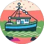 Fishing boat on a colorful ocean and shore.