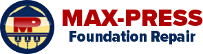 Logo for MAX-PRESS Foundation Repair: red text, blue circle with