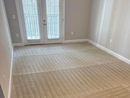 An empty room with light gray walls, beige carpet featuring visible vacuum lines, and a pair of white French doors.