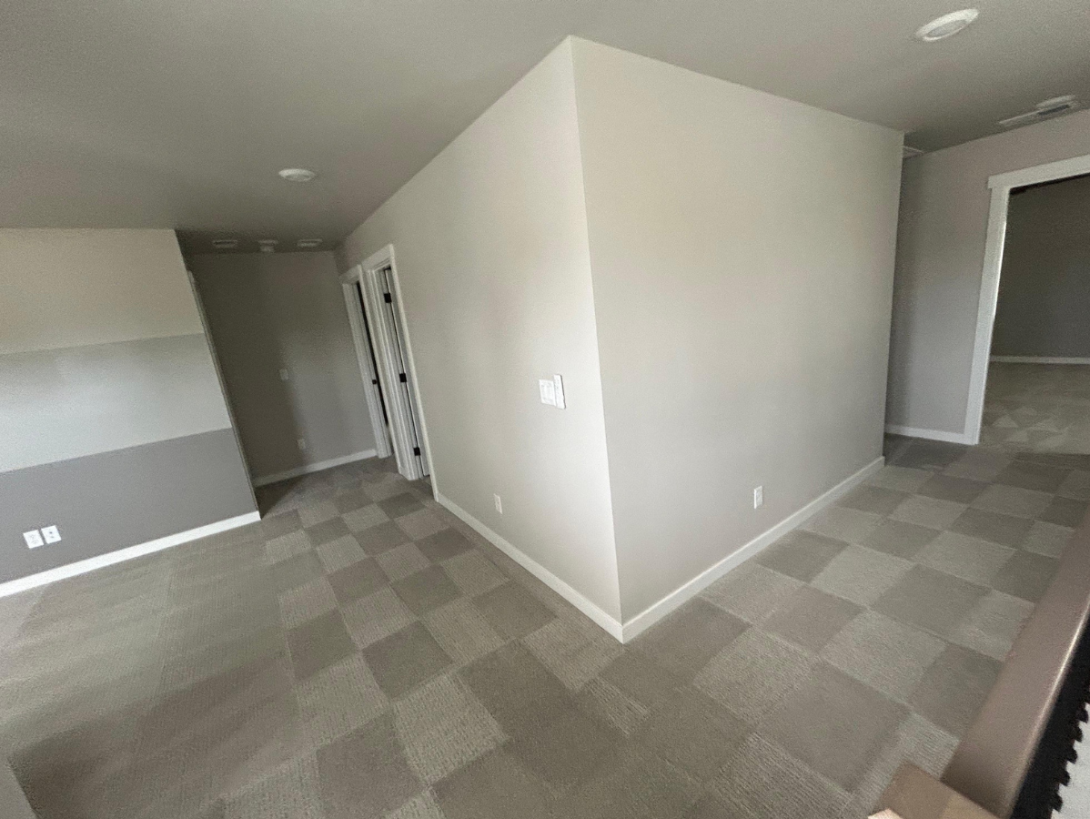 An interior view of a room with a light gray wall corner, beige carpet, and doorways leading to other spaces.