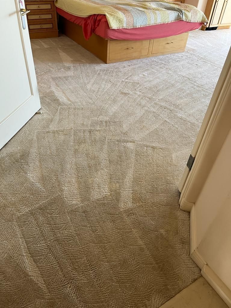 A light gray bedroom carpet that has recently been cleaned with a vaccuum