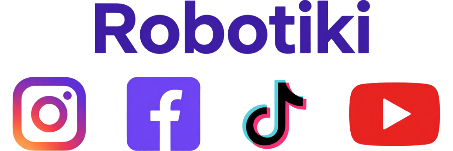 Logotipo de Robotiki con iconos de Instagram, Facebook, TikTok y YouTube en morado y rojo.