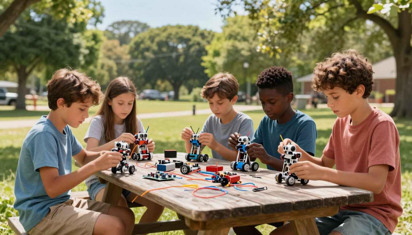Niños jugando con coches de juguete alrededor de una mesa de picnic en un parque soleado.