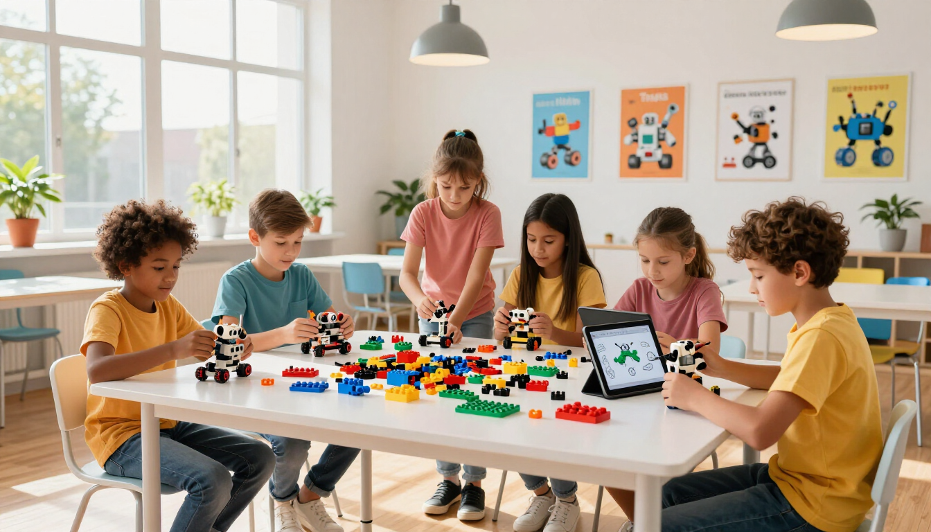 Niños construyendo con bloques de colores alrededor de una mesa en un aula luminosa, con un adulto cerca.