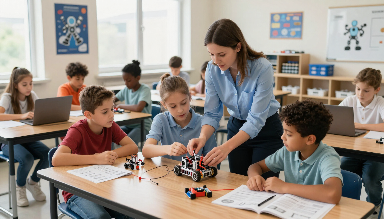 Un profesor ayuda a los alumnos a construir un robot en el aula.