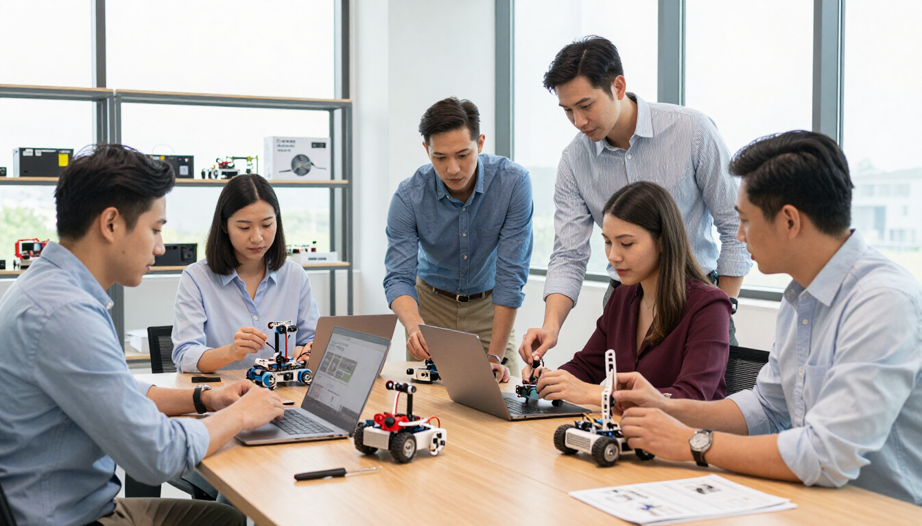 Un equipo colabora en torno a ordenadores portátiles y pequeños robots en una luminosa sala de reuniones de oficina.