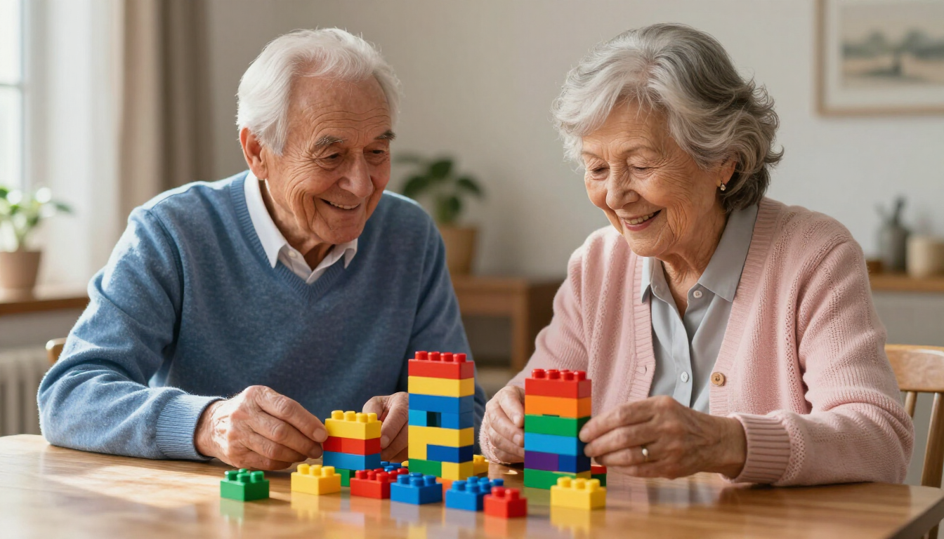 Dos ancianos sonriendo y construyendo con bloques de colores en una mesa.