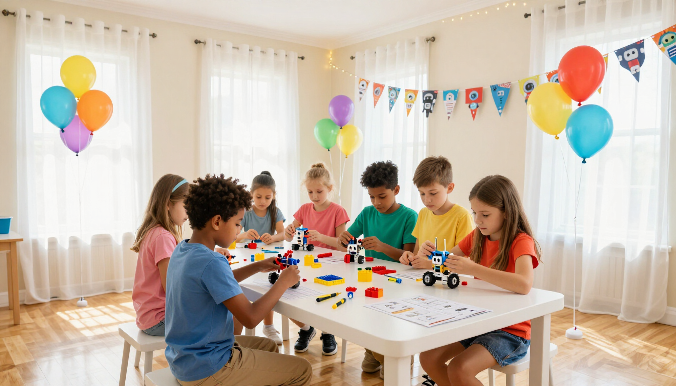 Niños jugando con juguetes coloridos en una mesa de fiesta en una habitación decorada con colores vivos.