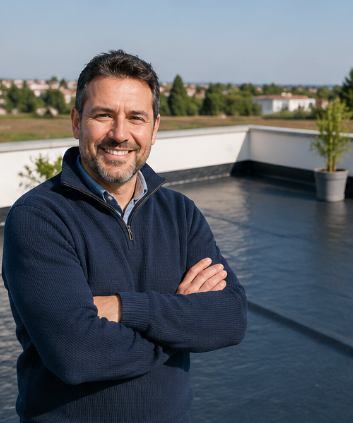 Hombre sonriente con un suéter azul marino de pie con los brazos cruzados en una terraza en la azotea bajo un cielo despejado.
