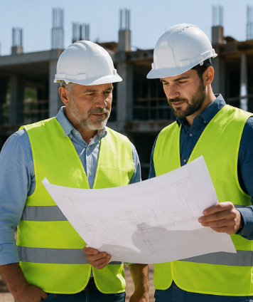 Dos obreros de la construcción con cascos y chalecos de seguridad revisan un plano en una obra.