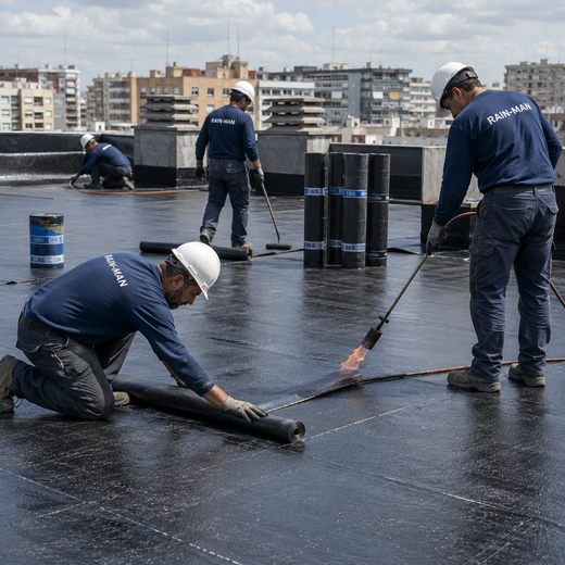 Trabajadores con cascos de seguridad aplican material de techado negro en una azotea con edificios de la ciudad al fondo.