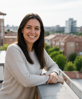 Mujer sonriente en un balcón, apoyada en la barandilla, con un paisaje urbano de fondo.