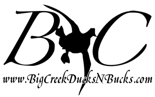 Big Creek Ducks N Bucks logo with black B and C, duck silhouette, and website text below