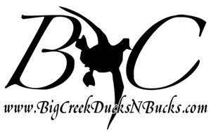 Big Creek Ducks N Bucks logo with black B and C, duck silhouette, and website text below