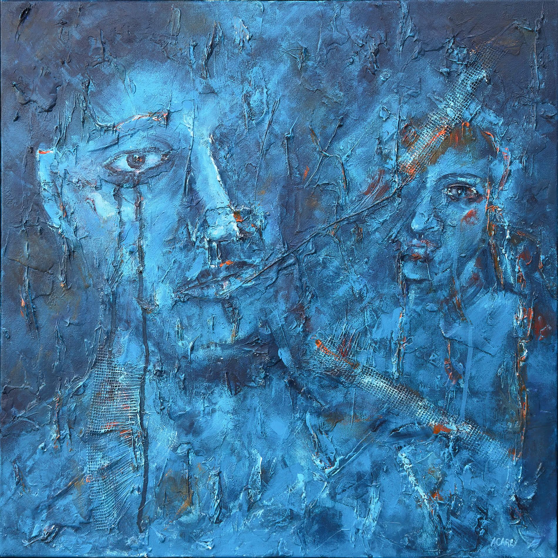 A Part of Ourselves, a textured blue figurative painting showing two overlapping faces emerging from the surface.
