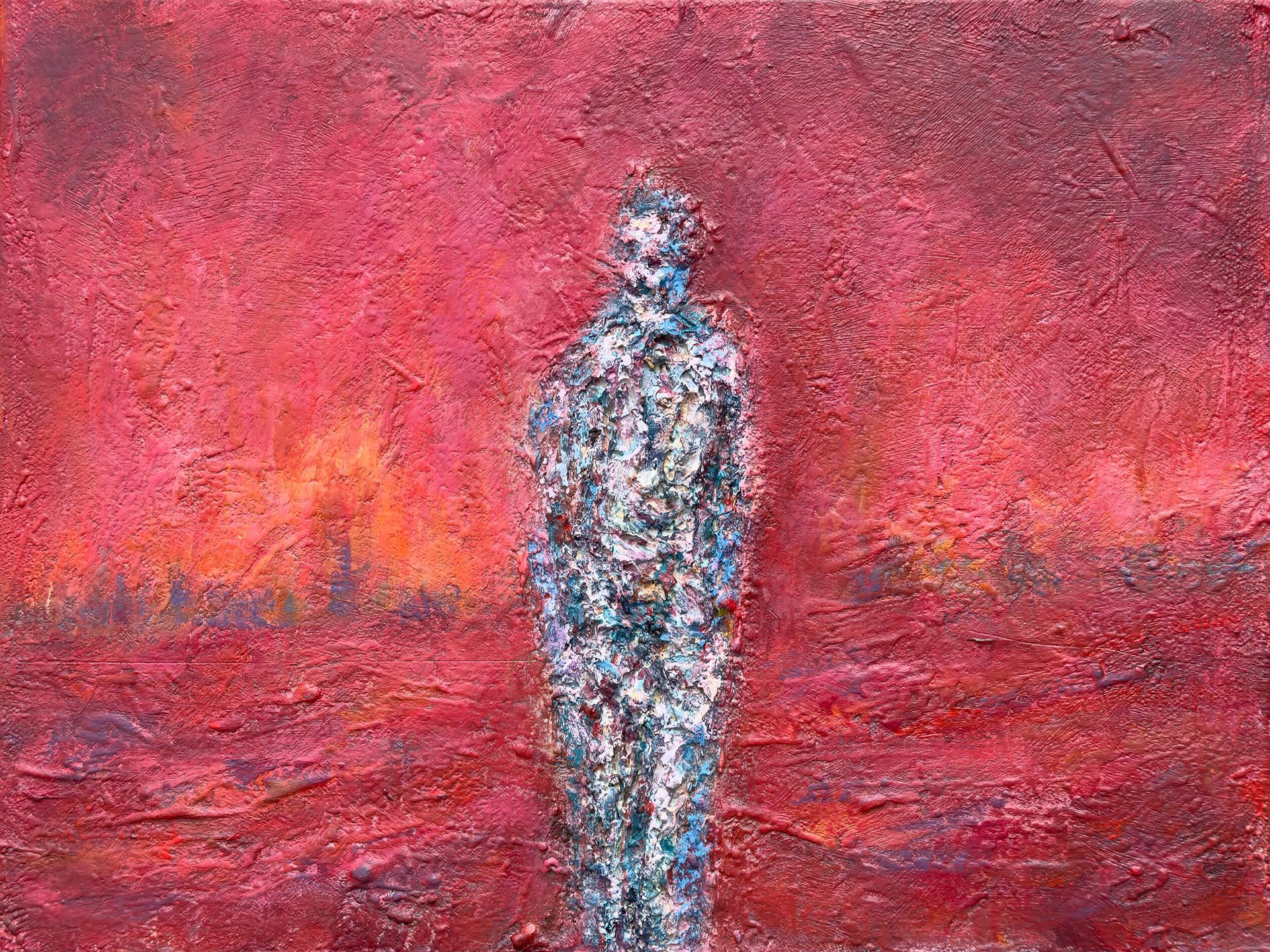 After the Fire, red textured acrylic and plaster painting with a solitary central figure by Irish artist Anthony Carey