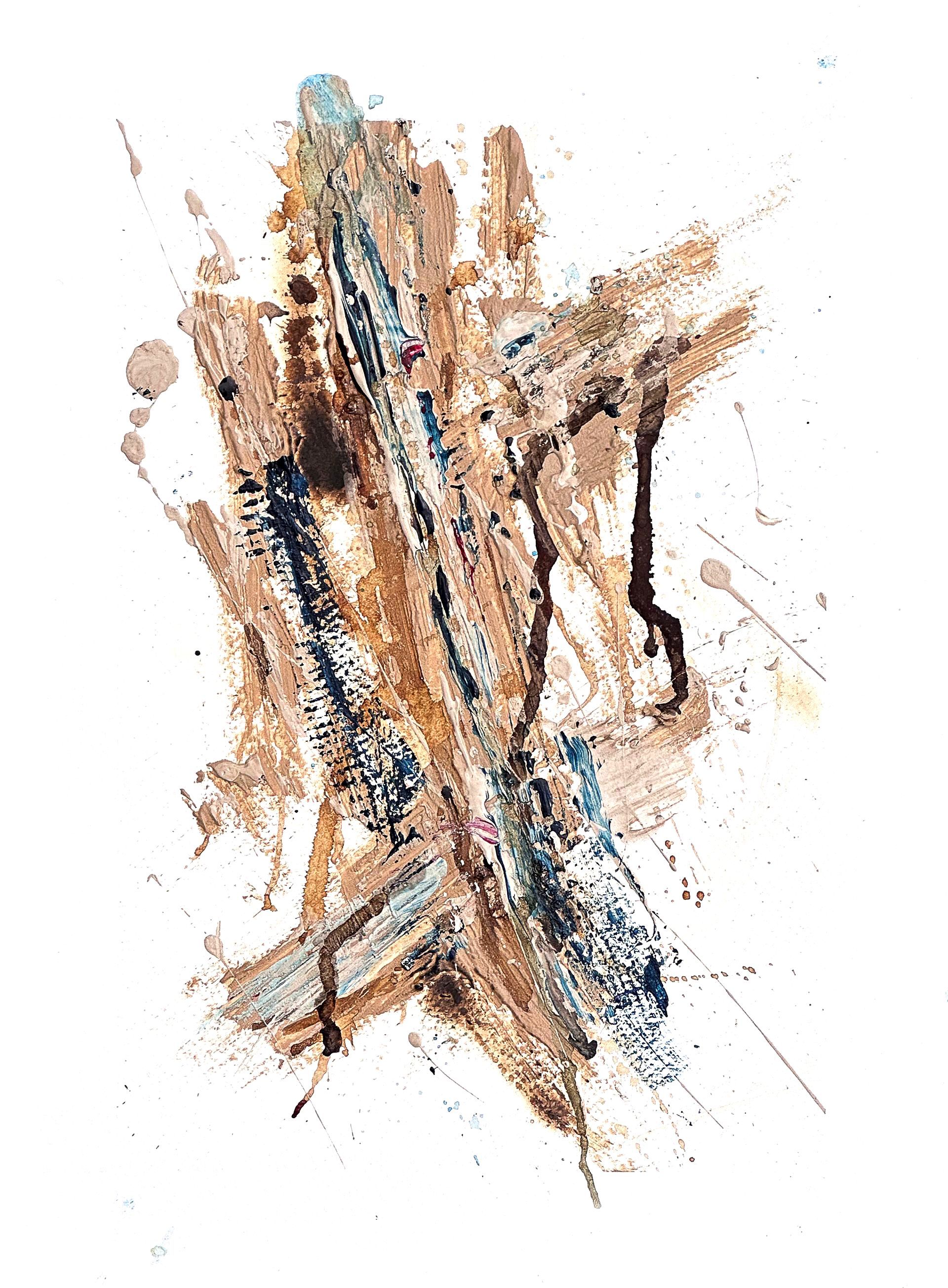 Abstract painting on paper created with coffee and acrylic, featuring rich earthy tones and textured layers.