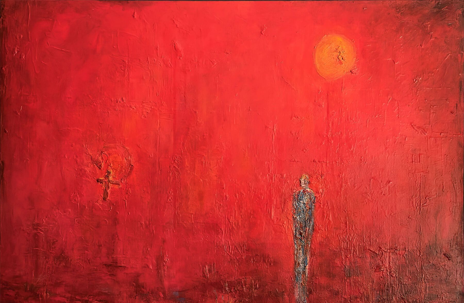 Beyond the Crossroads, a red atmospheric landscape with a lone blue figure, a small cross-like form and an orange sun.
