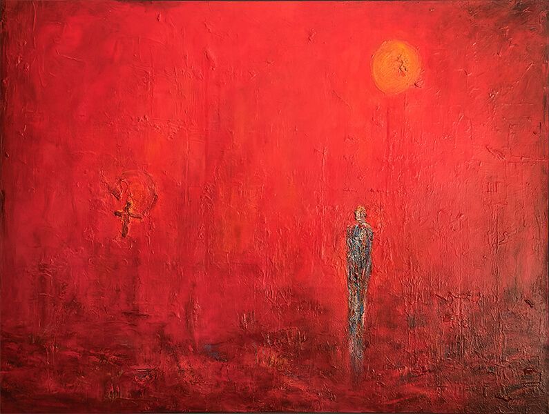 a lone figure walks towards us from a vivid red background offset by the moon and a raised cross