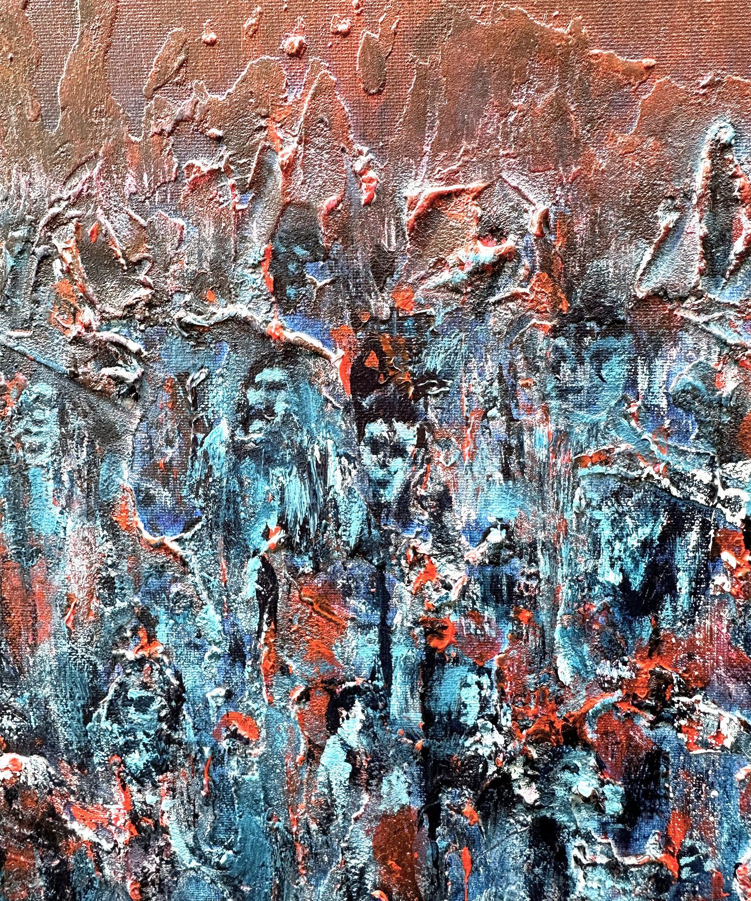 Close-up of Crimson Canopy showing pale fragmented figures emerging beneath a red-brown sky and layered blue surface.