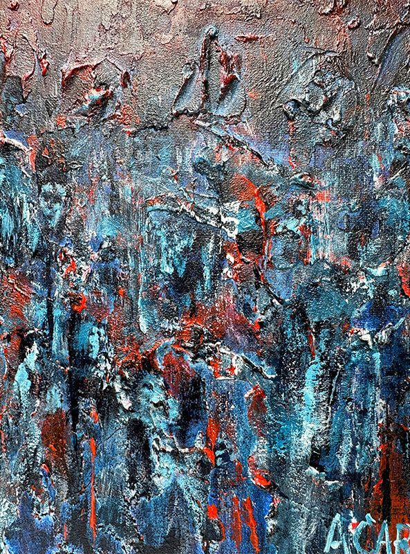 Textured detail of Crimson Canopy with fragmented blue figures, red marks and scratched layers of acrylic and plaster.