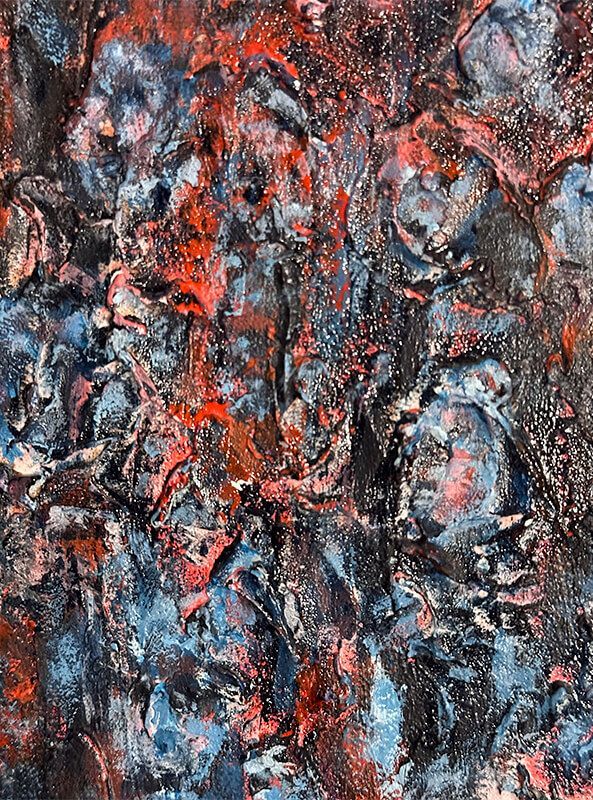 Close-up of Crimson Canopy showing heavily layered black, blue and red paint surrounding a fragmented figure.