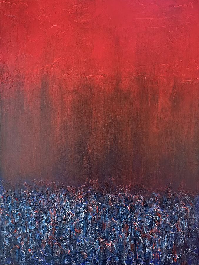 Crimson Canopy, an acrylic and plaster figurative painting with fragmented blue figures beneath a dense red sky, by Anthony Carey.