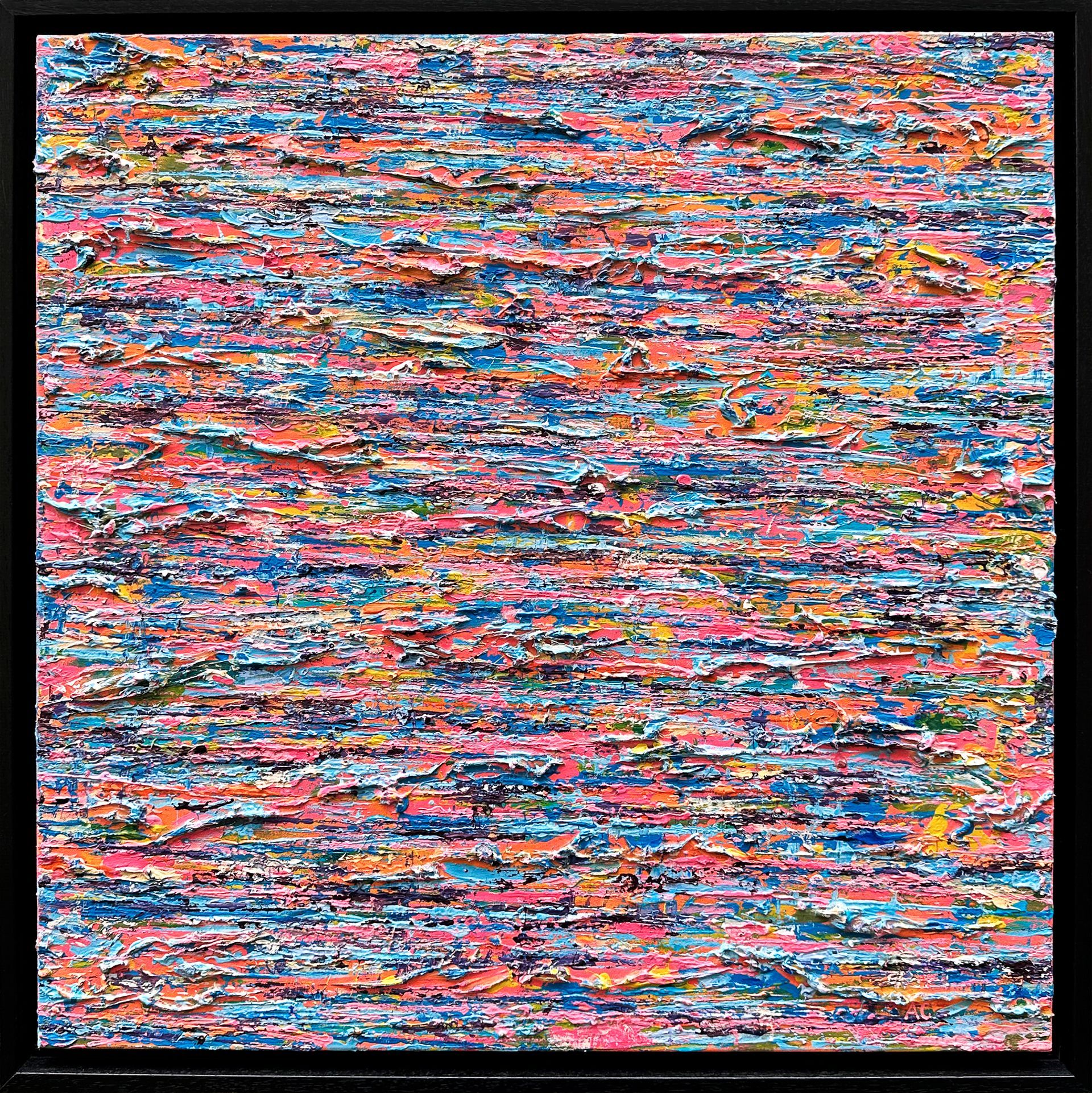 Abstract painting with textured layers in warm tones of yellow, red, and orange, evoking light, depth, and the transition of dawn