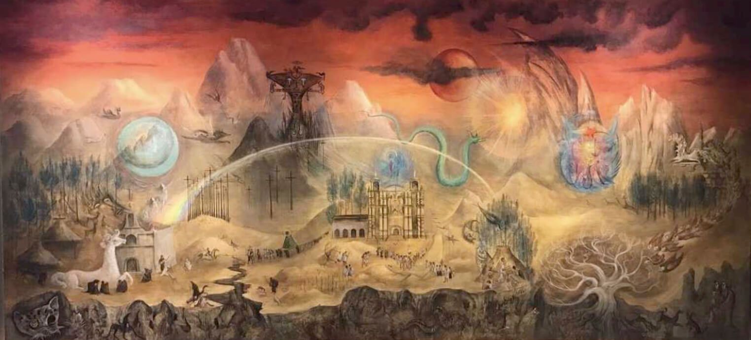Surreal landscape with Mayan figures, animals, and rituals; evokes myth, transformation, and mystical ecology.