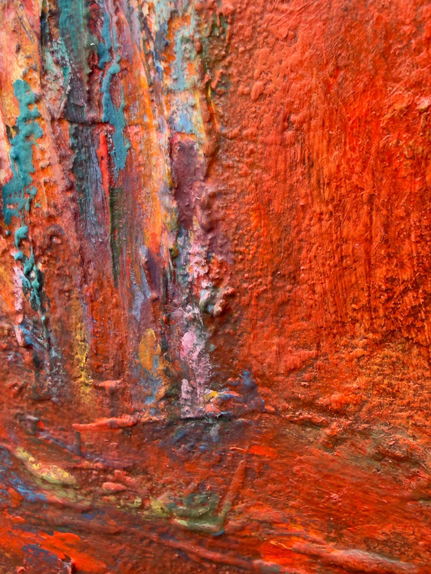 Close-up of the three grouped figures within the layered red surface of Gathered in Passing