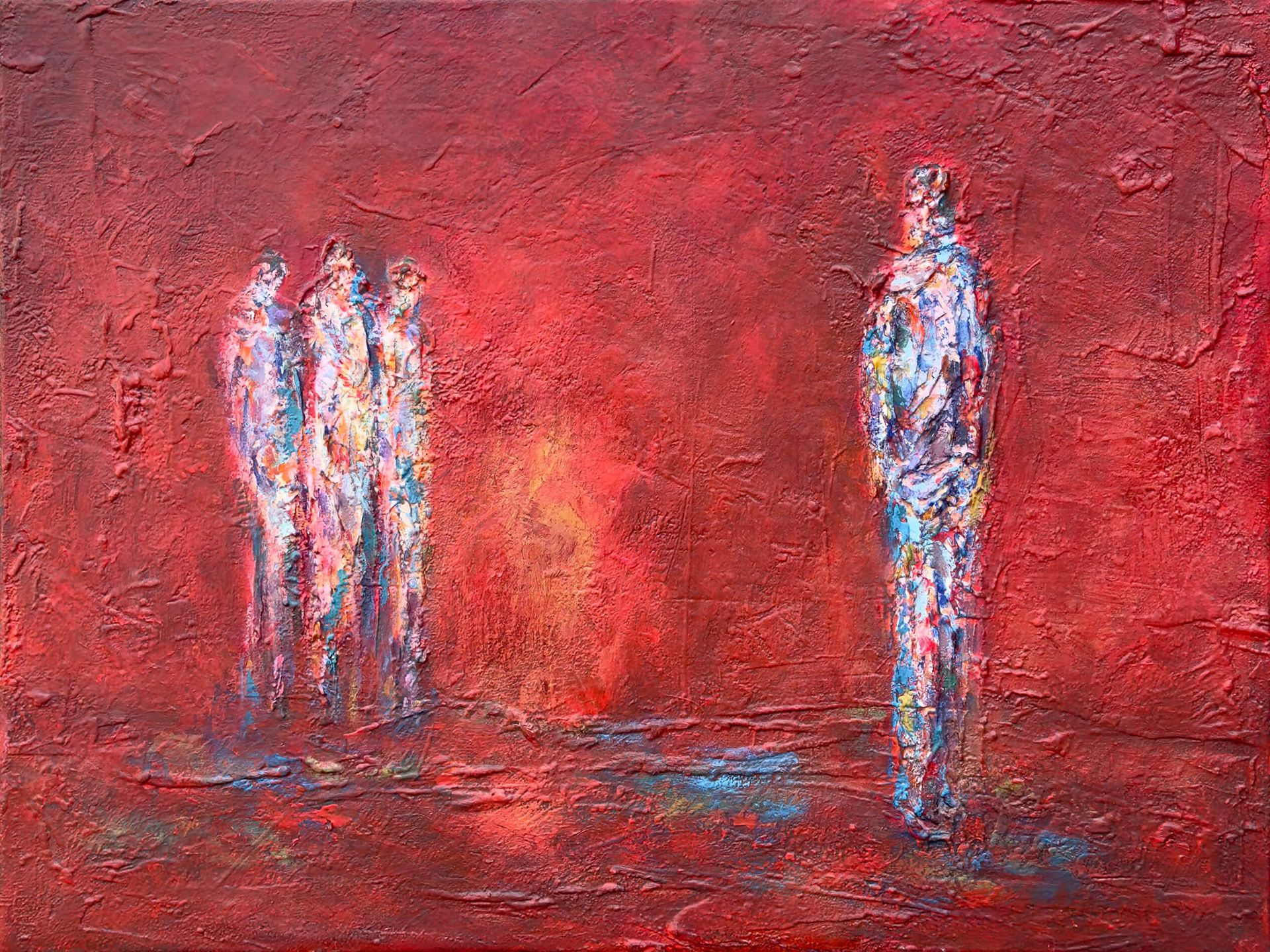Explore Gathered in Passing, a textured figurative painting by Irish artist Anthony Carey examining separation, belonging and psychological distance.