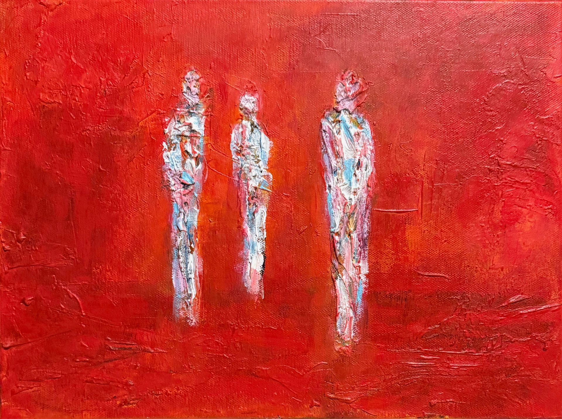 Three abstract figures on a vivid red background, speaks of transformation and connection.