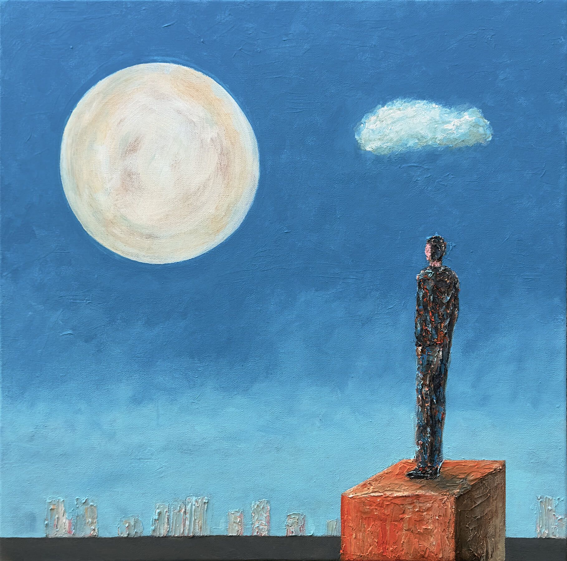 Cropped detail of an Anthony Carey painting showing the upper edge of a pale moon and small cloud ag