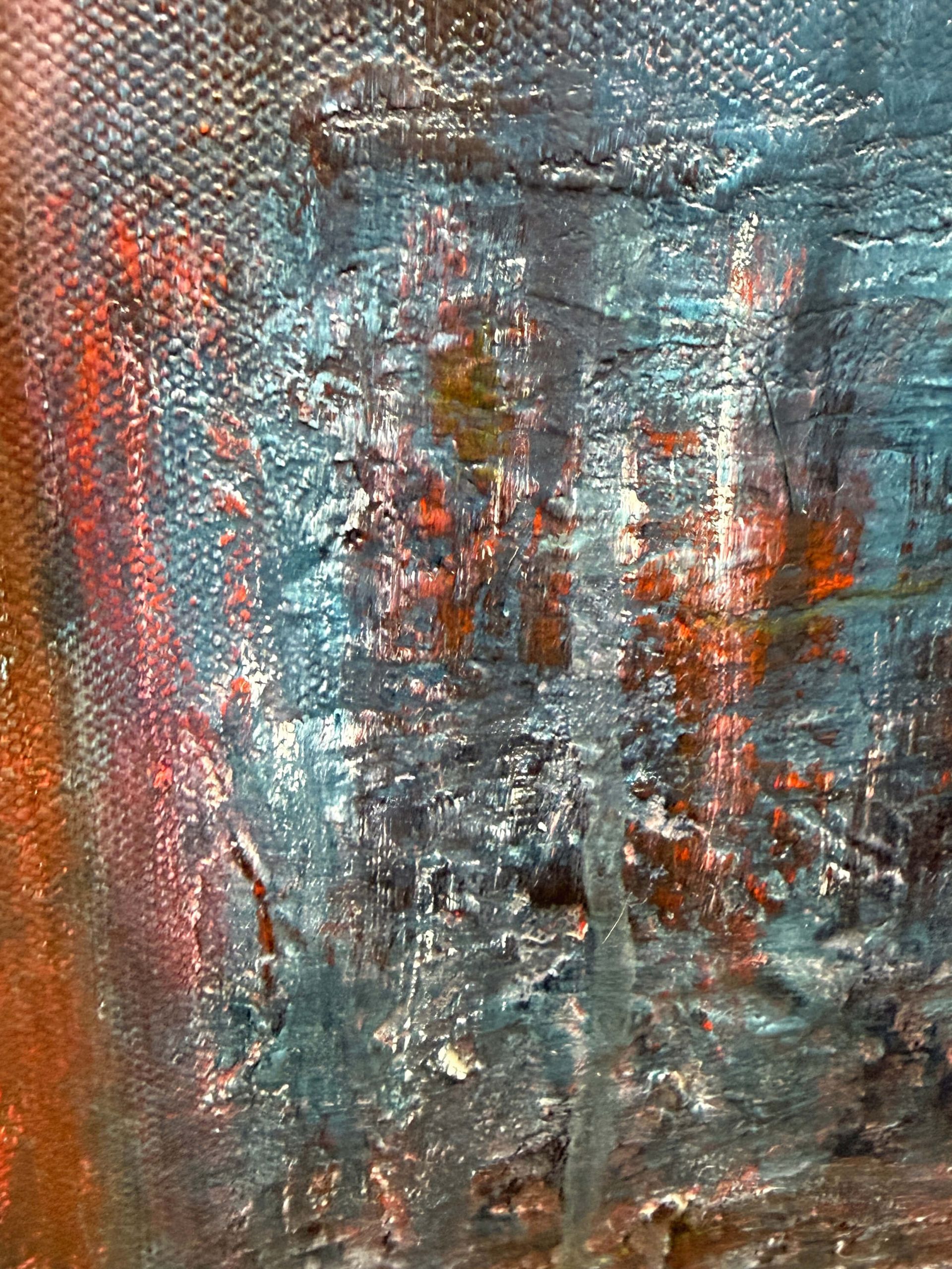 Surface detail of Lost in Translation showing layered blue-grey paint, scraped marks and partially concealed passages of orange and red.