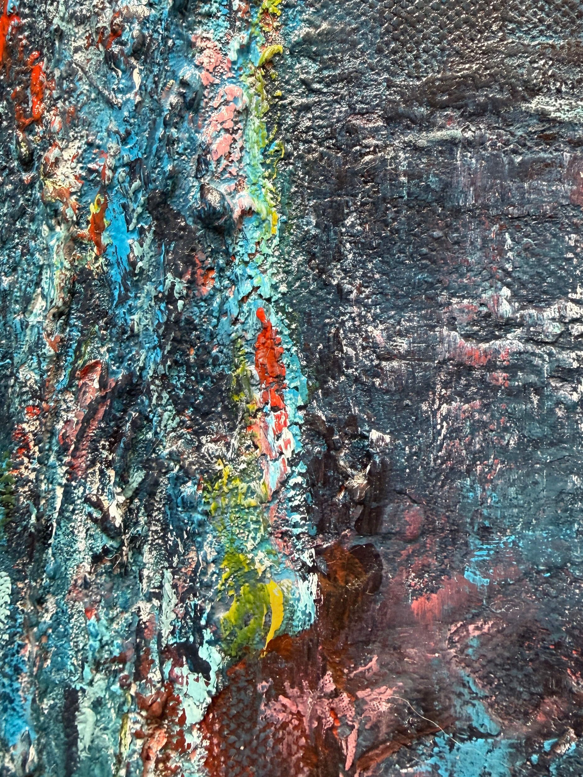 Detail of Lost in Translation showing the figure’s heavily textured surface built from blue, turquoise, pink, yellow and red paint.