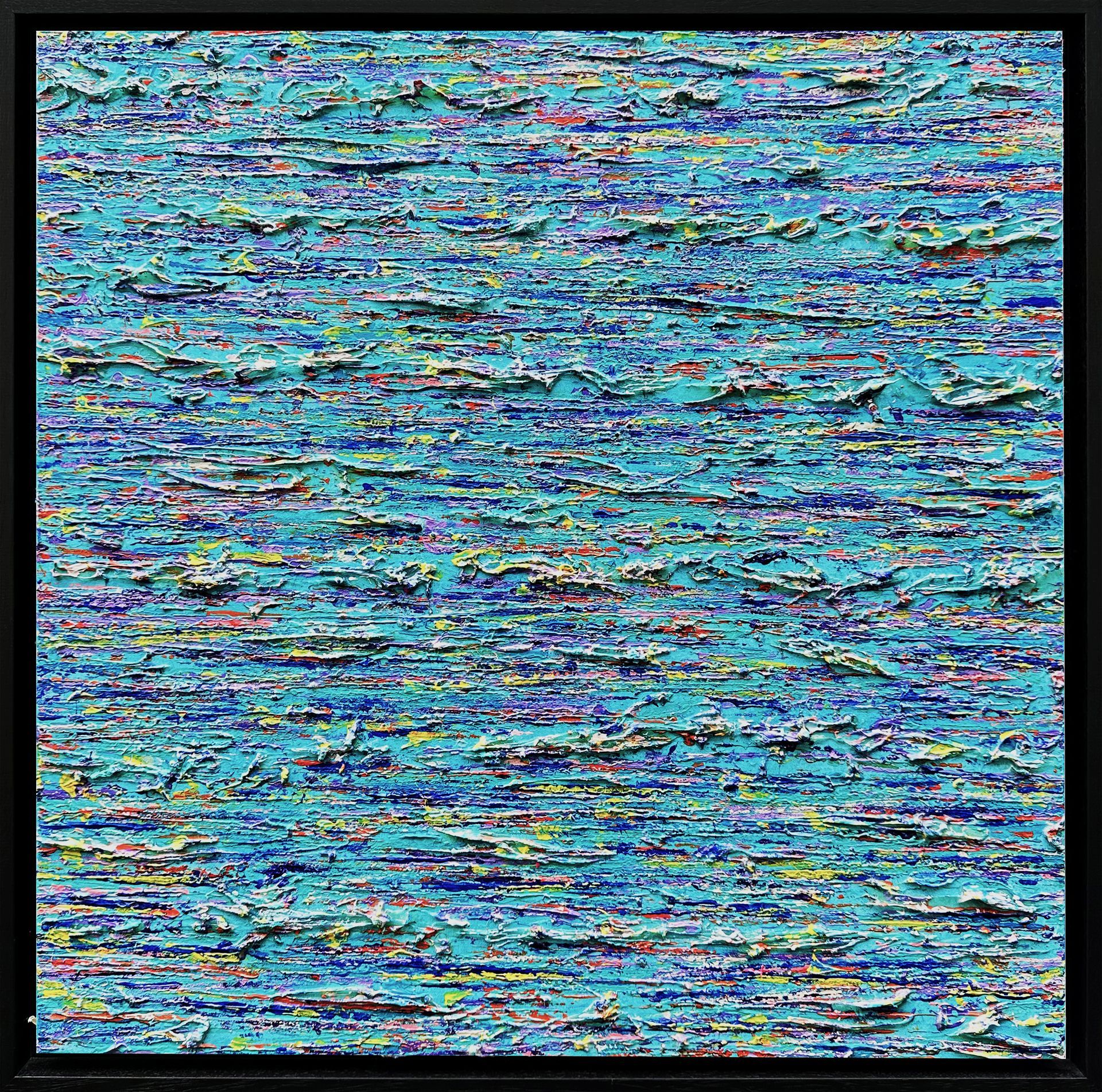 Abstract painting with textured layers in turquoise and yellow tones, evoking the warmth and vibrancy of Mediterranean seas.