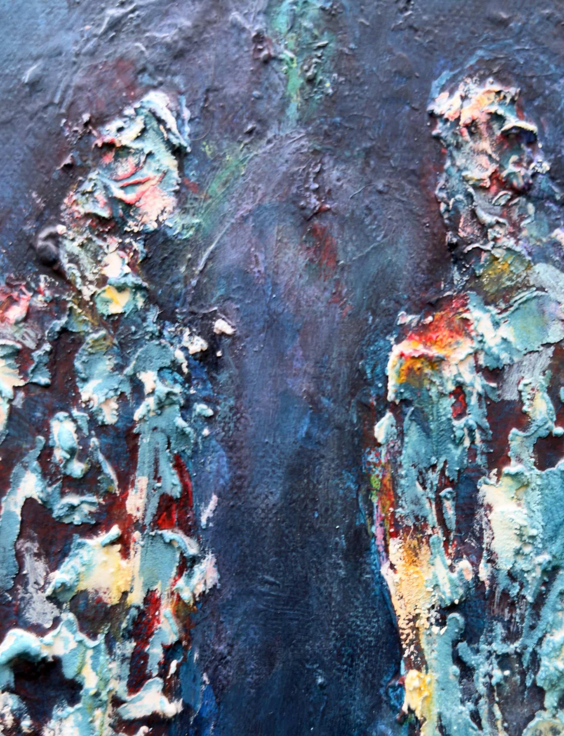 Detail of Nocturnal Assembly showing two fragmented figures built from thick blue, white, red and yellow paint against a dark blue surface.